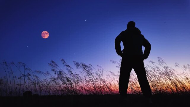 Amateur astronomer watching stars, Moon, planets and other celestial objects from a field in nature.	
