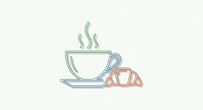 Simple outline illustration depicts a steaming hot beverage alongside a baked pastry item