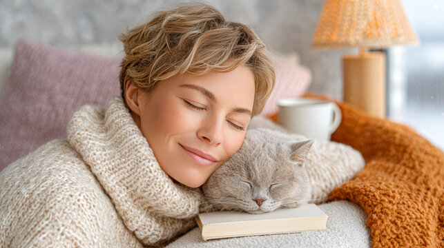 Middle-aged woman relaxing on sofa with a cozy sweater and sleeping cat beside a book and mug in a warm home environment