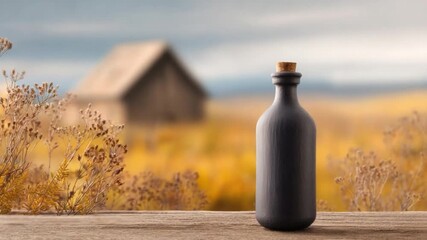 Mystical Elixir: A black, vintage bottle stands on a weathered wooden surface against a blurry autumnal backdrop, containing an enigmatic liquid, embodying timelessness and hinting at untold stories.