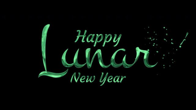 A vibrant and luminous animated text graphic proclaiming 'Happy Lunar New Year' in an elegant green script against a dark backdrop with subtle sparkling effects - Powered by Adobe