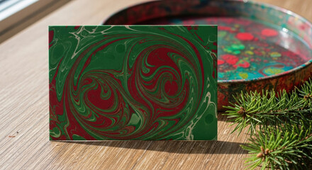 Marbled paper card with green and red swirls on wooden surface. Marbling tray and pine branch beside the artwork. paper Christmas card with red and green marbling swirl design, festive