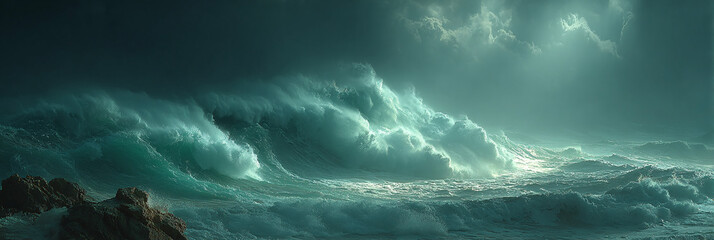 Dramatic spectacle of towering ocean waves breaking violently amidst a tempestuous storm, revealing the majestic and formidable power of the sea's untamed essence