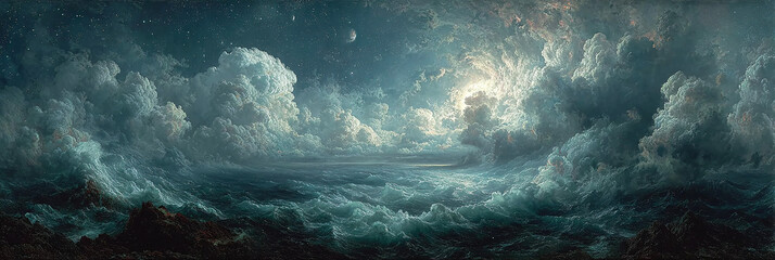 Dramatic panoramic illustration of a tumultuous sky, featuring swirling storm clouds, an ethereal moon, and a mysterious light breaking through, evoking powerful natural majesty