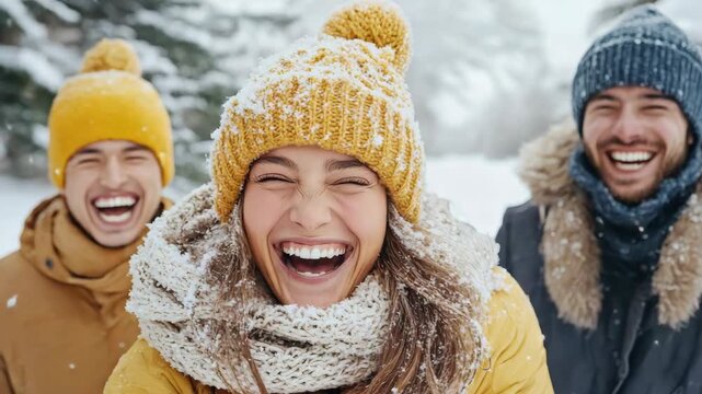 Friends winter snow hat scarf laughter young smiling friends laughing snowy forest wearing warm