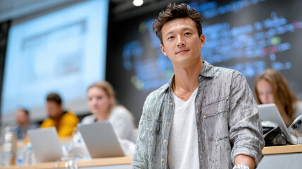 Asian male computer science professor in casual shirt standing confidently in lecture hall with attentive students and laptops