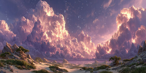 Breathtaking panoramic view of a majestic celestial sky with glowing pink clouds and stars over a tranquil fantasy landscape