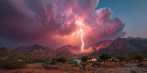 Dramatic lightning bolt illuminating the sky over a rugged mountain range during a powerful thunderstorm