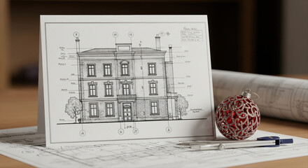 Architectural blueprint-style greeting card on drafting table. Small ornament and drafting compass beside the card. Holiday architecture firm greeting card, monochrome design, festive