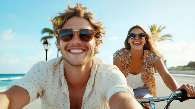 Couple cycling on sunny seaside promenade with sunglasses by bicycle, joyful beachfront ride