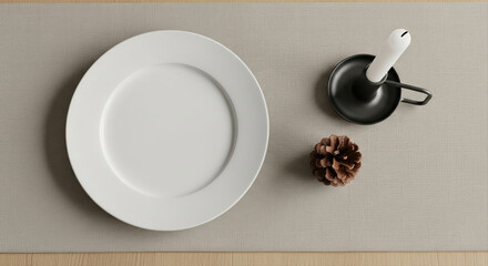 White ceramic plate on linen runner with minimal styling. Pine cone and simple candle holder beside the place. Nordic style Christmas table setting, minimalist, neutral tones