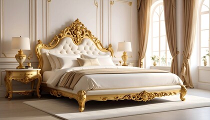 Ornate bedroom features a large gold-trimmed bed, white walls, large windows, and neutral-toned decor