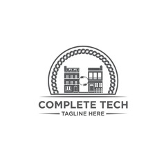 Fototapeta premium Vintage Monochrome Tech Repair Logo with Building Frame and Wires, suitable for both modern and old tech companies