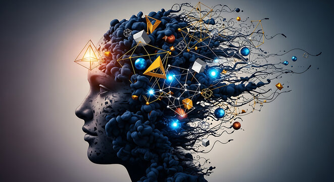 Abstract mind portrait with complex thought process network art