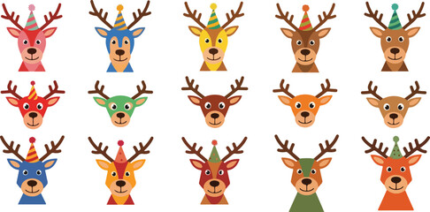 Festive Reindeer Heads with Party Hats in a Colorful Display.