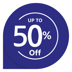 Up to 50 percent off promotional blue circular badge design. Vector sticker for retail promotion, limited time offers, and super sales. Isolated PNG asset.