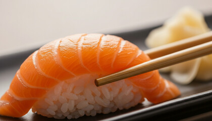 Close-up of fresh salmon nigiri with glossy texture, softly lit by neutral light. Chopsticks nearby. Premium sushi aesthetic perfect for menus, gourmet advertising, and editorial food content.