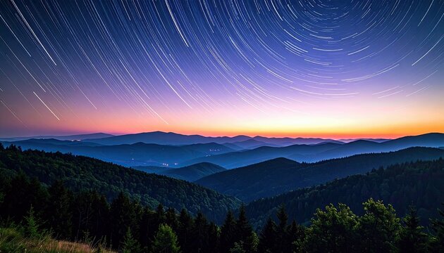 Star trails form arcs in the twilight sky above layers of silhouetted mountains covered in dark green forests.
