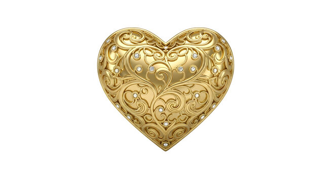 Ornate antique gold heart shaped locket with intricate filigree design isolated on transparent background