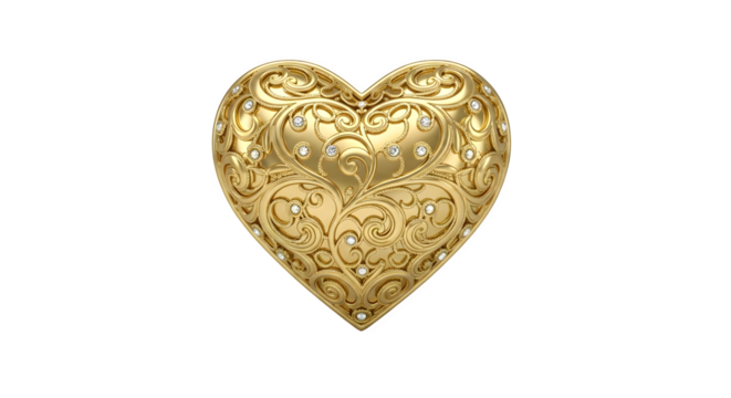 Ornate antique gold heart shaped locket with intricate filigree design isolated on transparent background