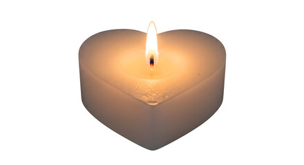A single white heart shaped candle with a lit flame isolated on transparent background