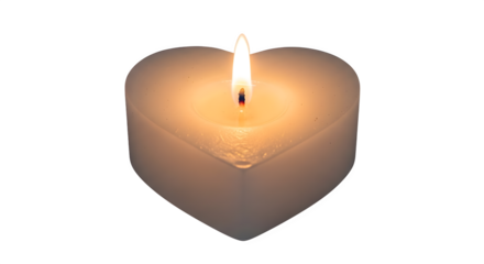 A single white heart shaped candle with a lit flame isolated on transparent background