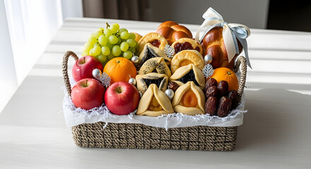 Abundant fruit and pastry basket overflowing with festive treats and fresh produce