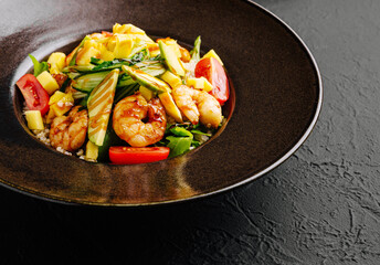 Delicious shrimp dish with fresh mango and vegetables served in elegant bowl