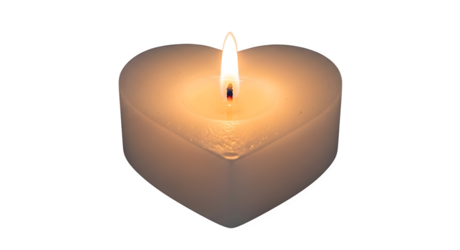 A single white heart shaped candle with a lit flame isolated on transparent background