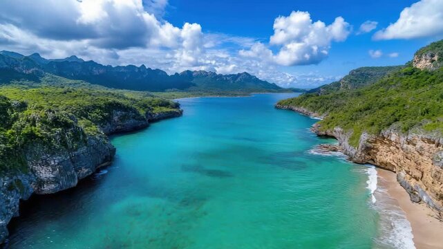 Tropical turquoise bay with limestone cliff sandy cove beach and lush green hills bay sand