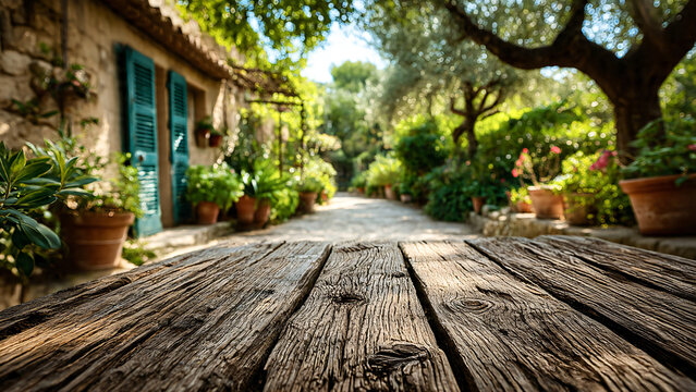  Premier plan avec planches en bois, et arrière plan avec jardin et maison
