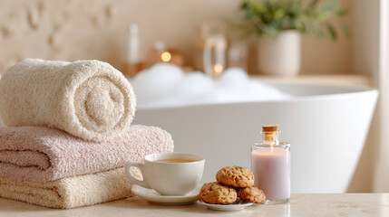 Evening bath setup with foam, candles, and herbal tea featuring towels and cookies in a tranquil spa setting