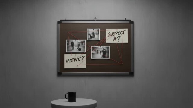 Investigation board hanging on a wall showing photos of a suspect, notes about the motive, and red string connecting clues. The camera slowly zooms out from the evidence in a dark, moody room