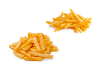 Different styles of freshly cut french fries on a plain background