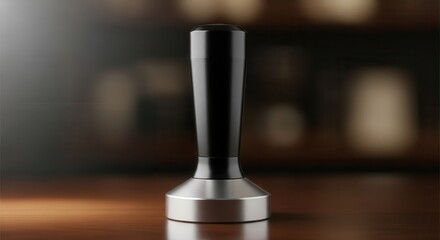 Precision coffee tamper stands centered on a polished wooden surface with a dark, blurred background