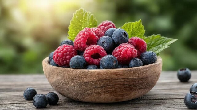 Fresh raspberry and blueberry bowl with mint on rustic wooden bowl summer scene bright natural light