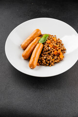 Lentils with sausage second course quick meal natural tasty appetizer fresh delicious gourmet food background on the table rustic top view copy space