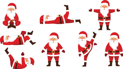 Santa Claus in various yoga poses demonstrating flexibility and fitness.