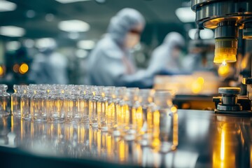 Pharmaceutical Vaccine Production in Modern Laboratory. Automated laboratory innovations in pharmaceutical manufacturing cleanroom biotechnology enhancements. High quality