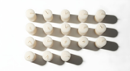 Arrangement of small, white, unlit tea light candles casting soft shadows on a white surface.