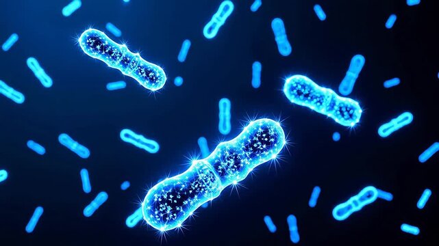 Blue glowing bacteria cells