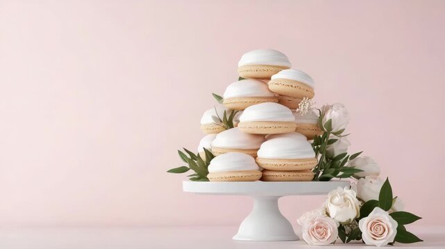 Elegant tower stack of macaron white frosting cake stand with rose and greenery dessert