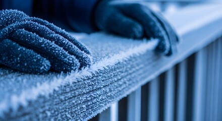Close-up of frost crystals on a wooden railing with gloved hands brushing them away, cold blue light — no faces.