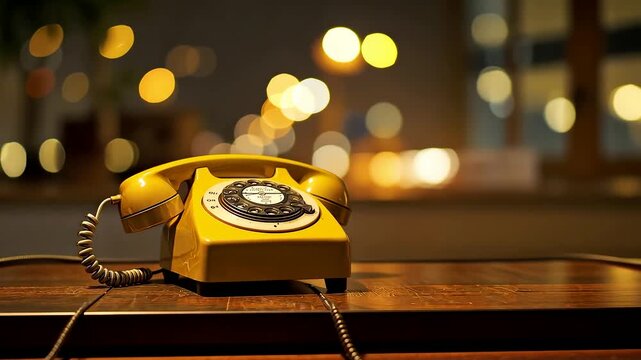 Vintage yellow rotary telephone on a wooden table with warm glowing city lights in the distance creating a nostalgic nighttime atmosphere