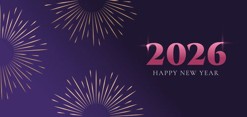 New Year 2026 Celebration Banner with Golden Fireworks on Purple Background