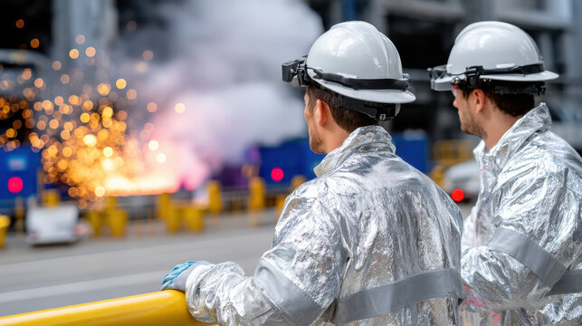 Workers in protective gear observe molten metal tapping at electric arc furnace in industrial setting with sparks flying.