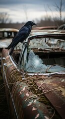 Obraz premium Dark bird perches upon the roof of a heavily rusted and abandoned automobile in a salvage yard