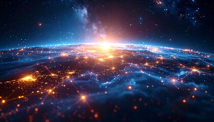 Glowing lines connect points across a curved surface, with a bright light source at the center and starry background