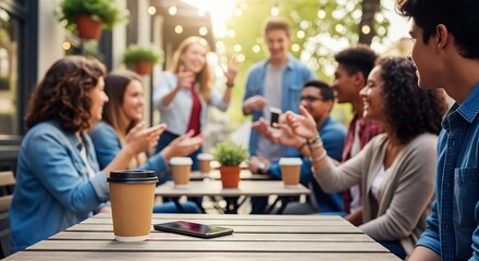 Group of happy friends socializing at outdoor cafe on a sunny day in urban setting. concept of friendship, lively gatherings, leisure time