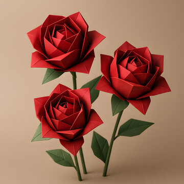 Elegant origami roses crafted from deep red paper, featuring precisely folded geometric petals and minimalist green stems, arranged in a soft studio setting with warm lighting to highlight their sculp